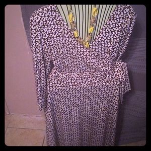 Long sleeve Brown and White Faux Wrap dress